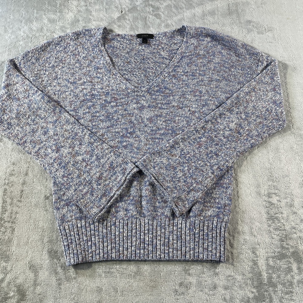 J Crew Sweater Womens Medium Blue Gray Marled V Neck Flared Sleeve Preppy Casual